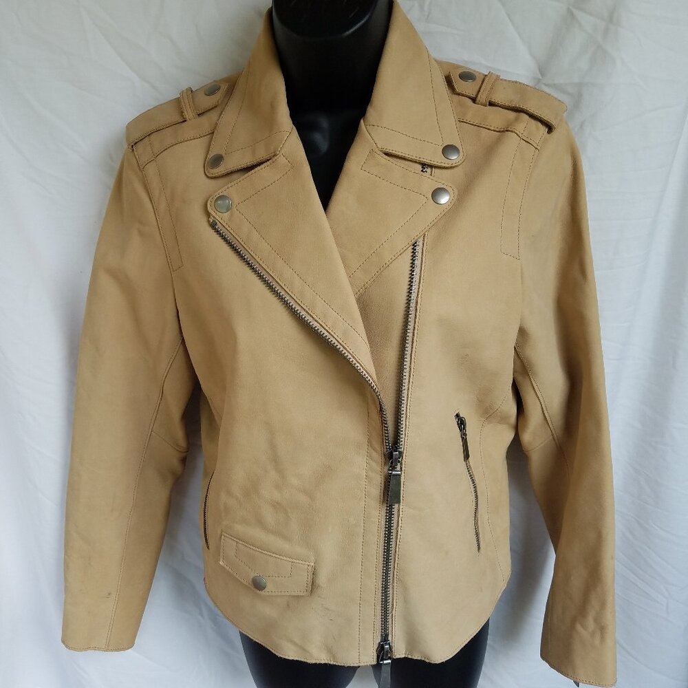 Fossil Women's Small Cropped Tan Leather Biker Jacket